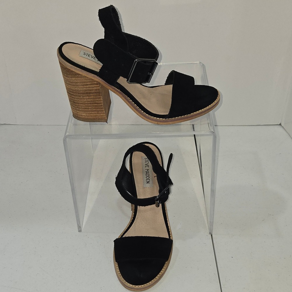 Steve Madden Jaunie Black Leather Block Heel Sandals JAUN01S1 Womens Size 7.5M